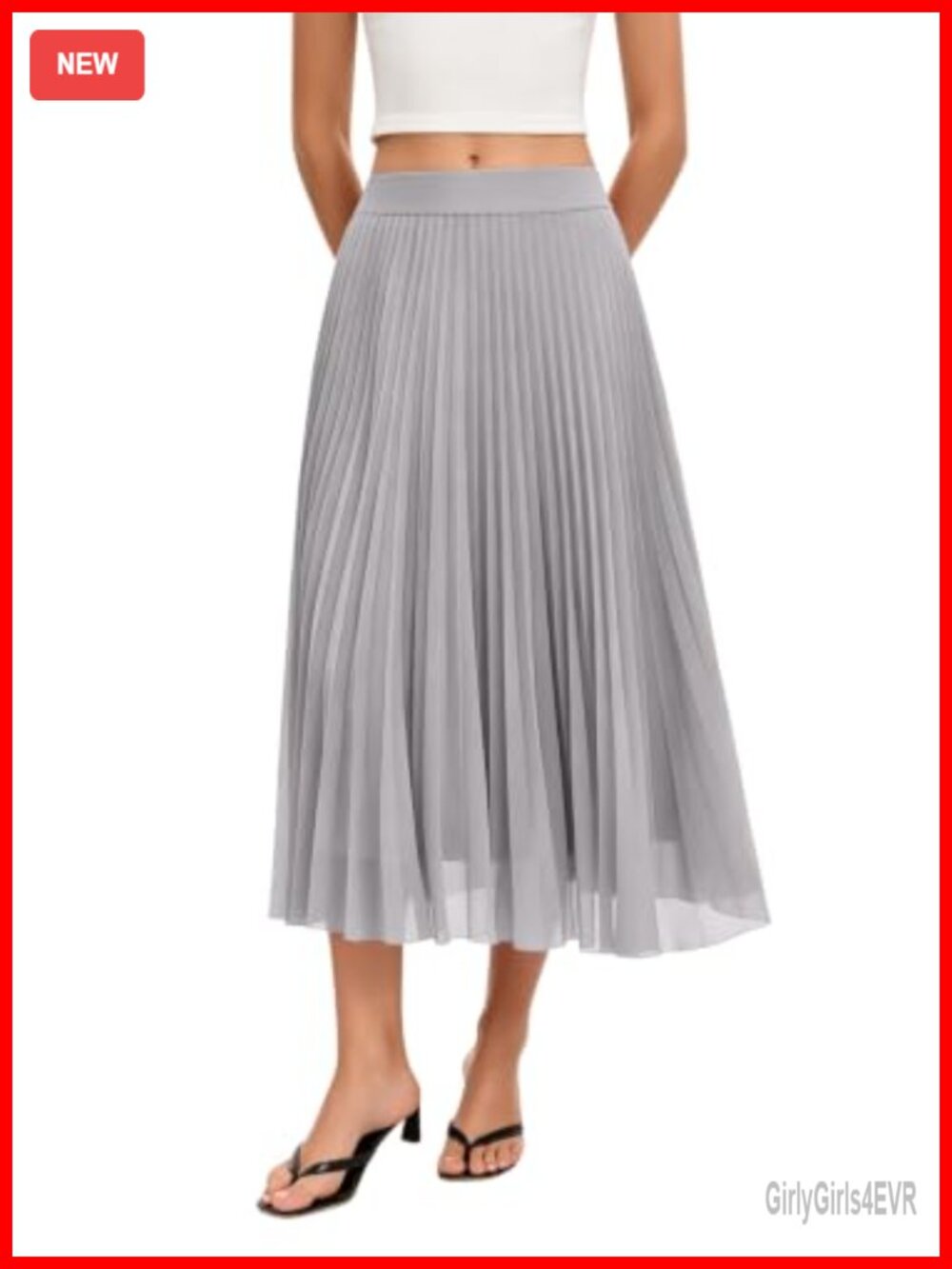 Pleated Chiffon Midi Skirt A-Line Flowy Elastic Waist Soft Lining